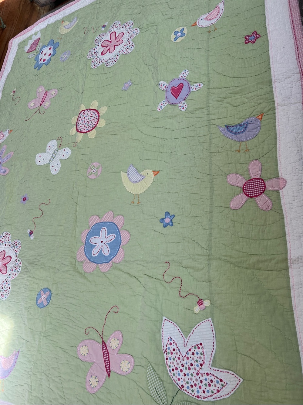 Pottery Barn Kids Daisy Garden Pastel Floral & Butterfly Appliqué Quilt & Sham - Picture 2 of 13